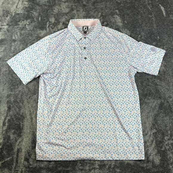 FootJoy Athletic Fit Beach Print Lisle Self Collar Golf Polo Pink Blue AOP XL - Picture 1 of 10